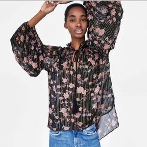Zara Woman Metallic Floral Lurex Peasant Blouse Top